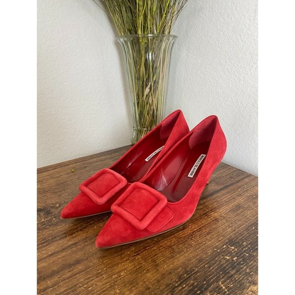 Manolo Blahnik Shoes - MANOLO BLAHNIK Maysale Buckle Pointed Toe Pump In Red Suede Size 39